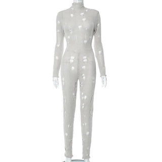 Crochet hollow out high neck lace up solid jumpsuit-final-sale