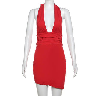 Halter deep v neck ruched backless mini dress