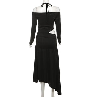 Halter long sleeve off shoulder hollow out cut out maxi dress
