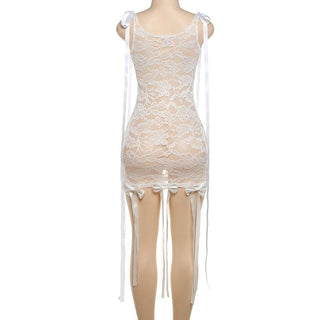 Sleeveless u neck lace bowknot knotted ribbon see through mini dress