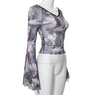 Long flared sleeve butterfly print sheer mesh top