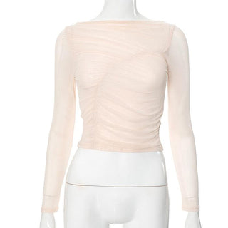 Long sleeve sheer mesh off shoulder ruched crop top