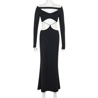Long sleeve hollow out solid cut out maxi dress