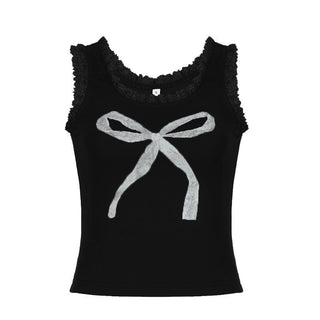 U neck lace hem bowknot pattern contrast tank top