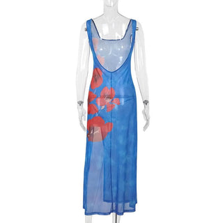 Sheer mesh flower print backless slit tank midi dress