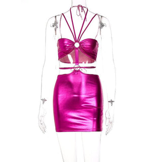 Metallic o ring halter self tie backless hollow out cut out mini dress