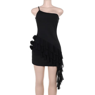 One shoulder ruffle flower applique mini dress
