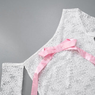 Long flared sleeve bowknot one shoulder lace top