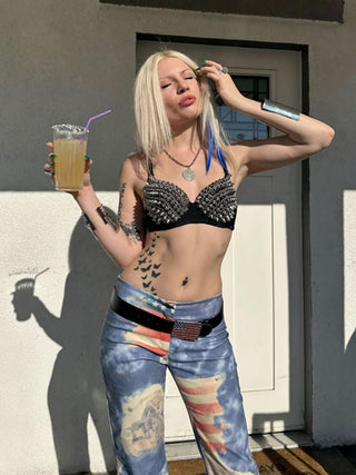 V neck rivet applique backless contrast cami top