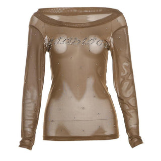 Off shoulder long sleeve beaded sheer mesh solid top