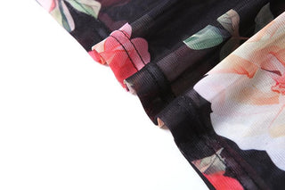 Sheer mesh flower print ruffle v neck cami skirt set