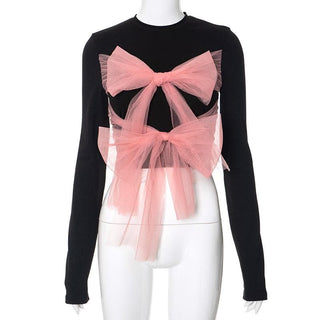 Long sleeve crewneck bowknot mesh contrast top