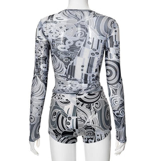 Long sleeve abstract mesh see through pant set