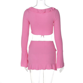 Long flared sleeve v neck ruffle slit mini skirt set