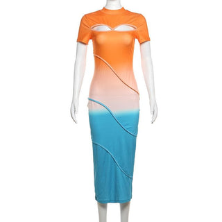 Short sleeve crewneck stitch contrast hollow out cut out midi dress