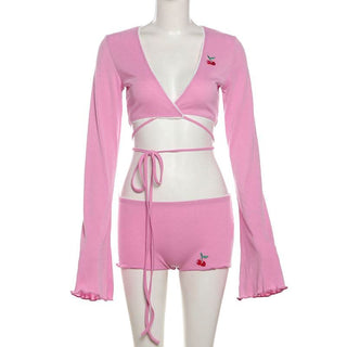 Long sleeve v neck cherry embroidery self tie pant set