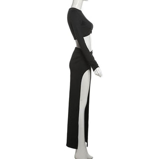 Long sleeve crewneck o ring slit solid maxi skirt set