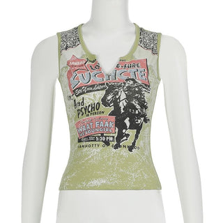 Notch neck print contrast tank top