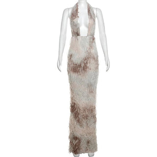 Halter ruffle deep square neck backless maxi dress