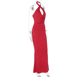 Halter ruched backless solid cross front maxi dress