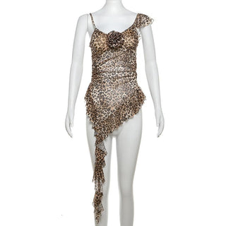 Leopard print flower applique irregular ruffle cami top