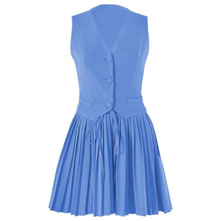 Pleated deep V neck button self tie solid mini skirt set