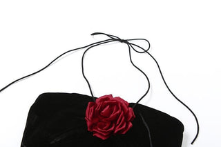 Halter velvet flower applique backless top