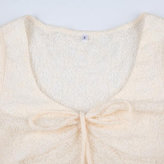 Long sleeve drawstring ruched lace ruffle top
