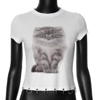 Short sleeve cat print o ring top