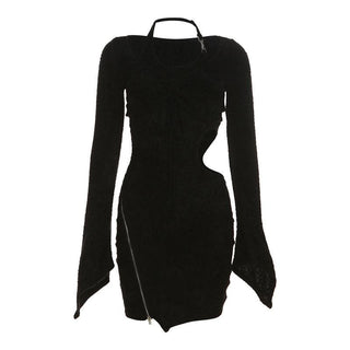 Textured zip-up drawstring hollow out halter long sleeve 2 piece cut out mini dress
