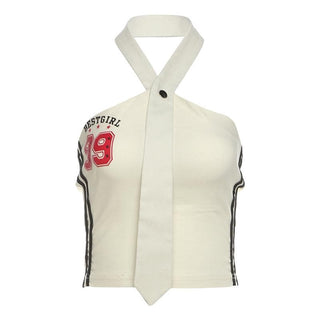 Halter button â€œ99â€ pattern contrast backless crop top