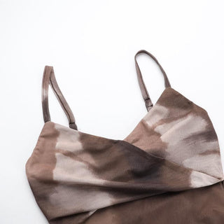 Tie dye ruched mesh self tie cami midi dress
