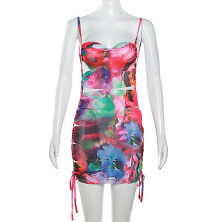Hollow out flower print drawstring contrast cami cut out mini dress