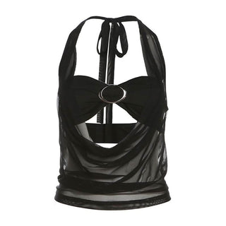 Halter self tie mesh backless solid 2 piece top