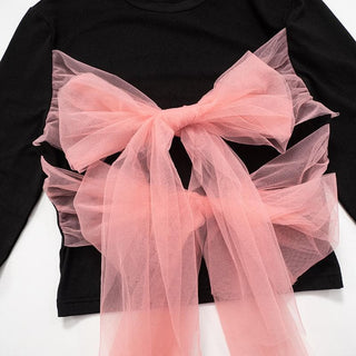 Long sleeve crewneck bowknot mesh contrast top