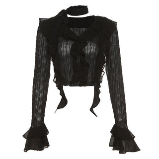 Textured solid long sleeve halter v neck ruffle flared sleeve crop top