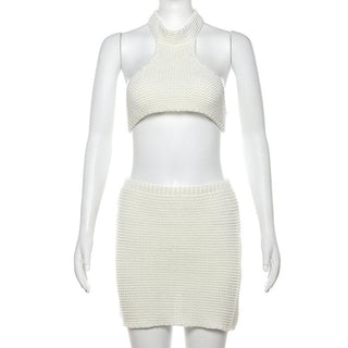 Halter self tie knitted backless mini skirt set