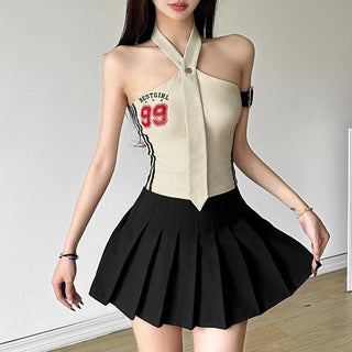 Halter button â€œ99â€ pattern contrast backless crop top