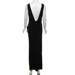 Cowl neck velvet backless slit bowknot applique maxi dress