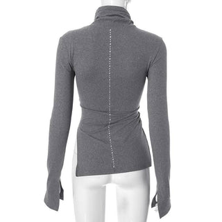 Long sleeve high neck slit irregular solid top