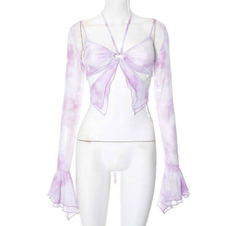 Long flared sleeve halter ruffle hollow out print cut out top