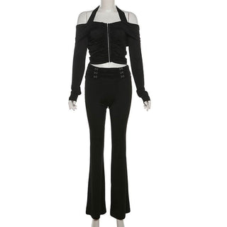 Halter long sleeve off shoulder button ruched pant set
