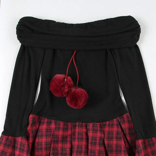 Off shoulder long sleeve plaid fluffy mini dress