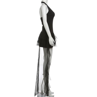 Halter hollow out ruffle mesh backless cut out mini dress
