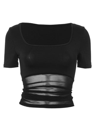 Short sleeve square neck mesh patchwork top