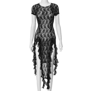 Short sleeve lace ruffle high slit mini dress