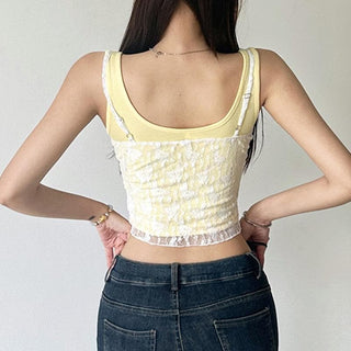 Lace bowknot hollow out u neck 2 piece tank cut out top