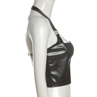Halter PU leather buckle zip-up stitch solid top