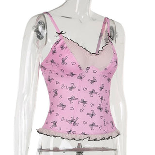 Ruffle bowknot print cami top