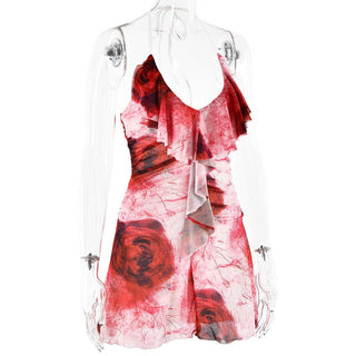 Halter ruffle rose print ruched backless cami mini dress